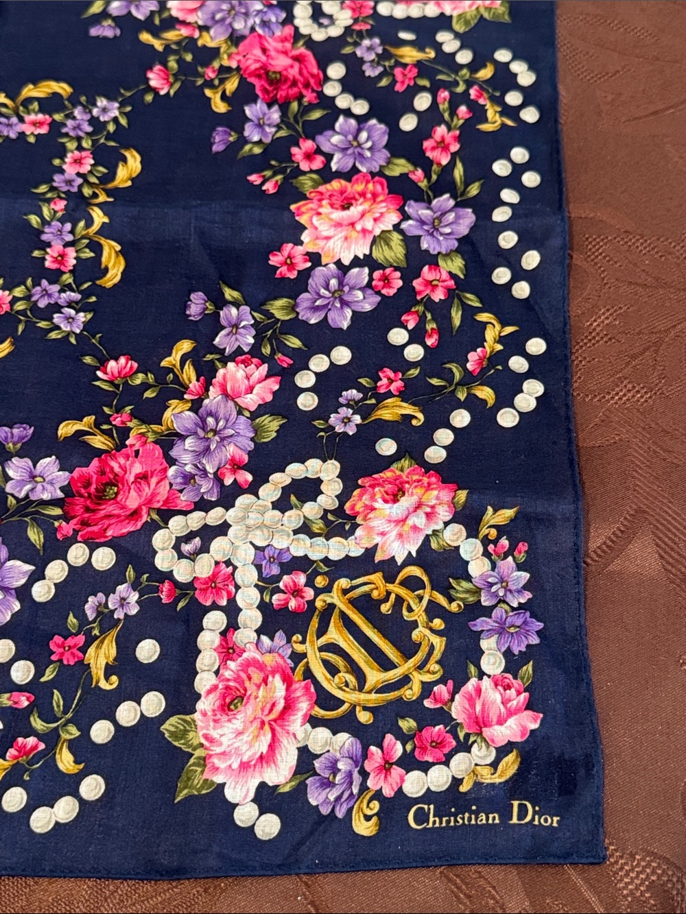 Christian Dior Navy Floral Handkerchief with Pink & Purple Blooms - Picture 2 of 6